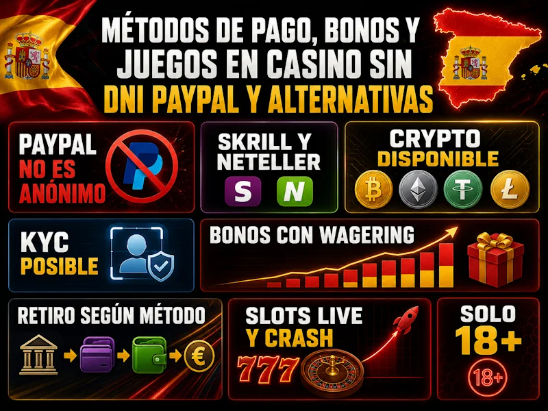 Métodos de pago, bonos y juegos en casino sin dni paypal y alternativas